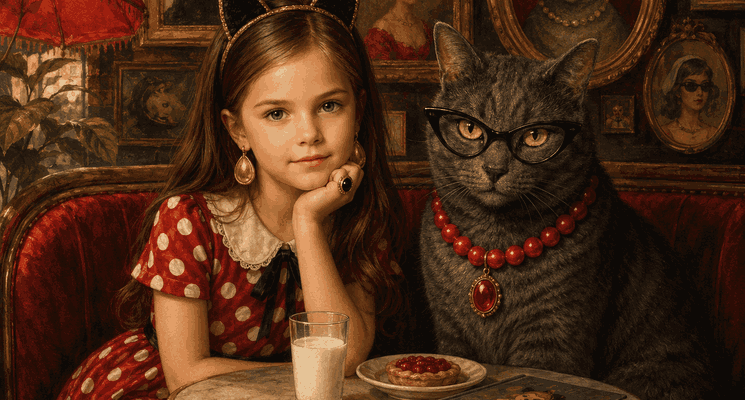 Кот, молоко и горошек: Ретро-иллюстрация