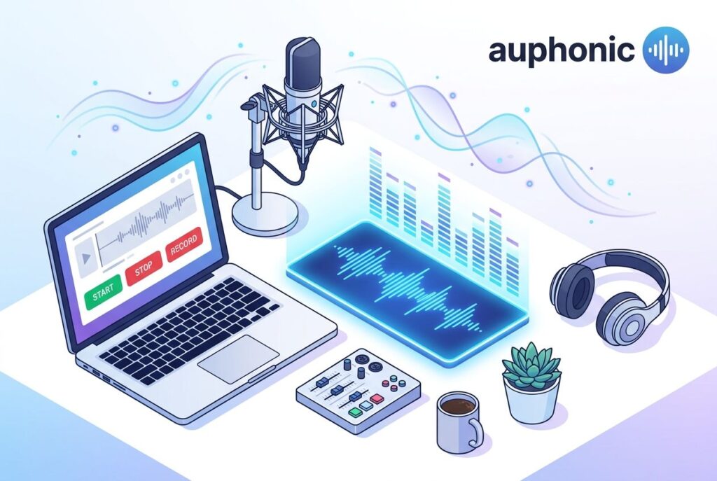 Auphonic – нейросеть для автоматической обработки аудио и подкастов Description: Auphonic – нейросеть, которая автоматически чистит звук, убирает шум, выравнивает громкость и удаляет паузы. Идеально для подкастов, интервью, лекций и видео. Бесплатно до 2 часов в месяц. Ключевые слова: Auphonic, нейросеть для аудио, обработка звука ИИ, шумоподавление онлайн, автоматический монтаж подкастов, нормализация громкости, Auphonic обзор Вариант 2 (акцент на подкасты и голос) Title: Auphonic – нейросеть для чистки звука и монтажа подкастов Description: Auphonic обрабатывает аудио за вас: убирает фоновый шум, выравнивает голоса дикторов, вырезает паузы и слова-паразиты. Простой веб-сервис для подкастеров, блогеров и видеографов. Есть бесплатный тариф. Ключевые слова: Auphonic для подкастов, чистка аудио нейросеть, удаление шума ИИ, обработка голоса онлайн, автоматический аудиомонтаж, Auphonic функции Вариант 3 (технический / для продвинутых) Title: Auphonic – нейросеть для профессиональной обработки звука с API Description: Auphonic – AI-сервис для автоматической нормализации громкости, подавления реверберации и транскрипции аудио. Поддерживает многодорожечные записи, интеграцию с YouTube и подкаст-хостингами. Доступен через веб-интерфейс и API. Ключевые слова: Auphonic API, нейросеть обработка звука, автоматическая нормализация громкости, транскрипция аудио ИИ, подавление эха онлайн, аудиообработка для видео Создай промт для главного изображения (обложки) статьи Вот промт для главного изображения (обложки) статьи про Auphonic. Сделал несколько вариантов под разные стили — от минималистичного до более атмосферного. Вариант 1 (минималистичный / интерфейсный) Modern flat illustration of a podcast studio workspace viewed from above. In the center, a glowing blue audio waveform transforms into clean, equalized bars. Surrounding it: a laptop showing a simple audio editing interface with large "Start" button, a professional microphone, headphones, and sound waves floating in the air. Clean white background with subtle blue and purple gradients. Style: isometric, minimal, tech-friendly, bright, no people. 4K, high quality, vector art style. Вариант 2 (процесс обработки / магия ИИ) A surreal digital illustration showing a messy, chaotic audio wave (with spikes, noise dots, and jagged lines) entering a glowing futuristic portal or filter on the left. On the right side, the same audio wave comes out perfectly smooth, balanced, and clean with a golden glow. In the background, subtle gear icons and sound symbols. Style: modern digital art, dark blue background with neon cyan and purple accents, sci-fi vibe, no text, no people. 4K. Вариант 3 (человечный / про подкасты) Cozy warm-toned illustration of a person sitting at a desk recording a podcast. In front of them, a large holographic transparent screen floats, showing an audio track being automatically cleaned — noise particles falling away, volume levels balancing themselves. The person looks relaxed and relieved. Soft natural lighting, plant on the desk, professional microphone. Style: semi-realistic 3D illustration, warm beige and cream colors, calm atmosphere, no visible face details. 4K. Вариант 4 (абстрактный / технологичный) Abstract 3D visualization of sound wave transformation. Chaotic red and orange audio frequencies on one side smoothly transition into orderly blue and green frequency bars on the other side. Floating geometric shapes like spheres and cubes represent AI algorithms. Glowing particles move along curved paths. Dark gradient background with soft volumetric lighting. Style: futuristic 3D render, glassmorphism elements, clean and premium look. 4K, octane render quality. Рекомендую вариант 1 или 2 — они лучше всего отражают суть сервиса (автоматическая обработка звука) и хорошо смотрятся в качестве обложки для статьи. Вариант 3 больше подойдёт для блога про подкастинг, вариант 4 — для более технического материала. На изображение должен быть обязательно логотип Auphonic Прочитано 8 веб-страниц Хорошо, раз на изображении обязательно должен быть логотип Auphonic, я скорректирую промты. В официальной документации Auphonic указаны точные ссылки на ресурсы с логотипом: SVG-версия доступна по адресу https://auphonic.com/media/pics/AuphonicLogo.svg, а другие форматы — на странице https://auphonic.com/pictures . Вот обновлённые промты с обязательным включением логотипа: Вариант 1 (минималистичный / интерфейсный) Modern flat illustration of a podcast studio workspace viewed from above. In the center, a glowing blue audio waveform transforms into clean, equalized bars. The Auphonic logo (available at https://auphonic.com/media/pics/AuphonicLogo.svg) is prominently placed in the top right corner of the composition. Surrounding it: a laptop showing a simple audio editing interface with large "Start" button, a professional microphone, headphones, and sound waves floating in the air. Clean white background with subtle blue and purple gradients. Style: isometric, minimal, tech-friendly, bright, no people. 4K, high quality, vector art style. Вариант 2 (процесс обработки / магия ИИ) A surreal digital illustration showing a messy, chaotic audio wave (with spikes, noise dots, and jagged lines) entering a glowing futuristic portal or filter on the left. On the right side, the same audio wave comes out perfectly smooth, balanced, and clean with a golden glow. The Auphonic brand logo (official SVG from https://auphonic.com/media/pics/AuphonicLogo.svg) is integrated into the center of the portal as a glowing holographic element. In the background, subtle gear icons and sound symbols. Style: modern digital art, dark blue background with neon cyan and purple accents, sci-fi vibe, no text, no people. 4K. Вариант 3 (человечный / про подкасты) Cozy warm-toned illustration of a person sitting at a desk recording a podcast. In front of them, a large holographic transparent screen floats, showing an audio track being automatically cleaned — noise particles falling away, volume levels balancing themselves. The Auphonic logo (use official version from https://auphonic.com/media/pics/AuphonicLogo.svg) appears as a watermark in the lower right corner of the holographic screen. The person looks relaxed and relieved. Soft natural lighting, plant on the desk, professional microphone. Style: semi-realistic 3D illustration, warm beige and cream colors, calm atmosphere, no visible face details. 4K. Вариант 4 (абстрактный / технологичный) Abstract 3D visualization of sound wave transformation. Chaotic red and orange audio frequencies on one side smoothly transition into orderly blue and green frequency bars on the other side. Floating geometric shapes like spheres and cubes represent AI algorithms. The Auphonic logo (official SVG from https://auphonic.com/media/pics/AuphonicLogo.svg) is placed centrally as a floating glossy emblem with glassmorphism effect. Glowing particles move along curved paths around the logo. Dark gradient background with soft volumetric lighting. Style: futuristic 3D render, glassmorphism elements, clean and premium look. 4K, octane render quality. Где взять официальный логотип: SVG (векторный): https://auphonic.com/media/pics/AuphonicLogo.svg Страница со всеми форматами: https://auphonic.com/pictures Рекомендую вариант 1 или 4 — они лучше всего смотрятся с интегрированным логотипом и не перегружают композицию. Вариант 3 подойдёт для более "живой" и человечной обложки